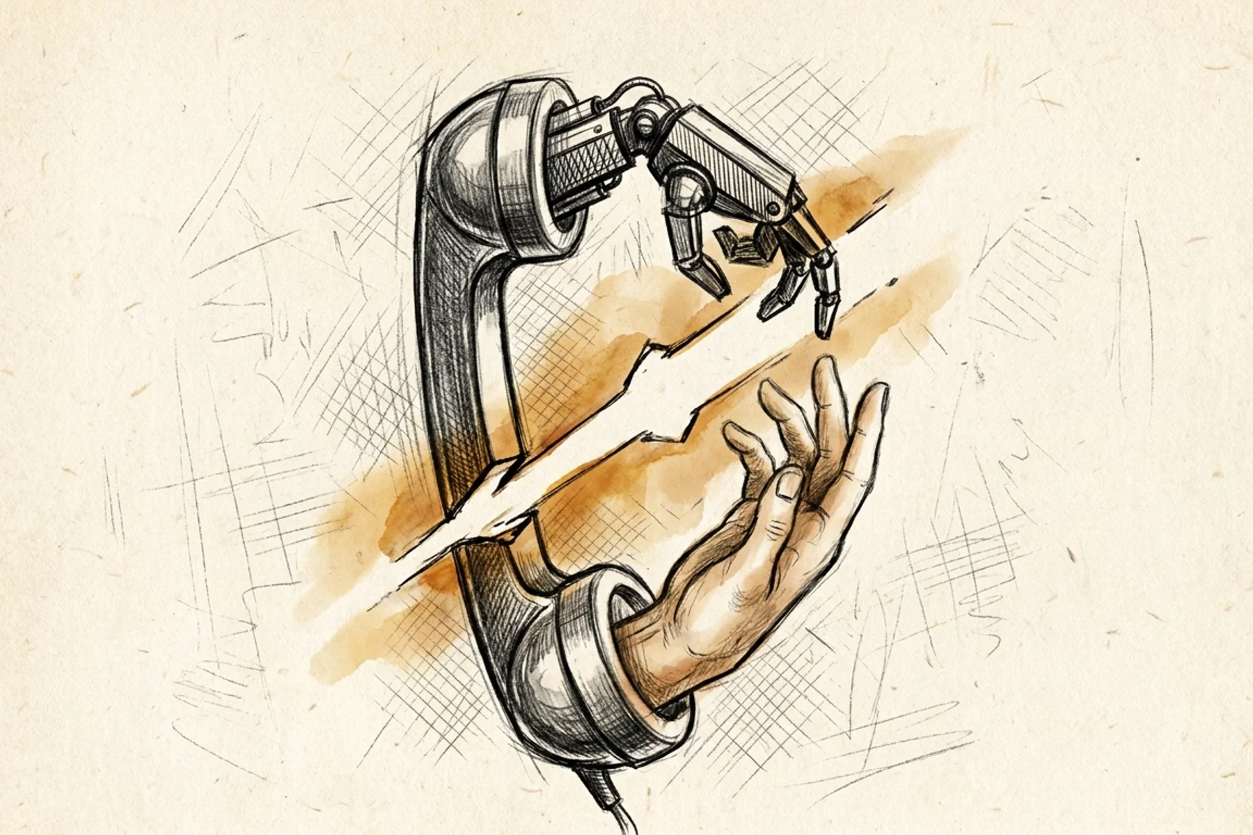 AI receptionist for HVAC — hand-drawn sketch of a telephone receiver split between a frozen mechanical robot arm and a warm human hand, illustrating the empathy gap that costs HVAC companies high-ticket replacement calls