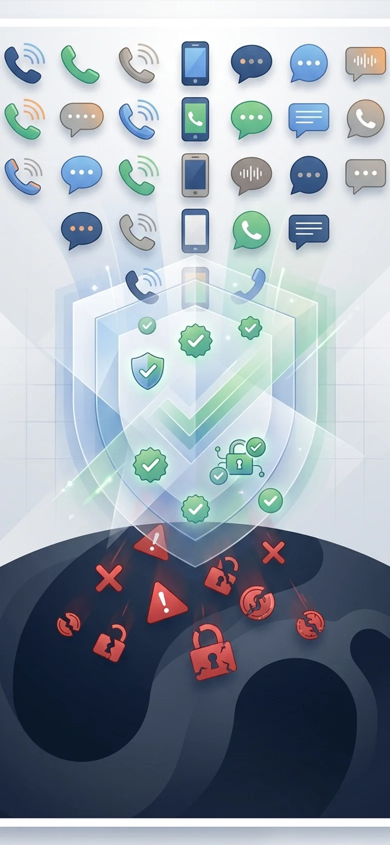 Illustrated diagram showing phone communications flowing through a protective compliance barrier, with violations being filtered out below