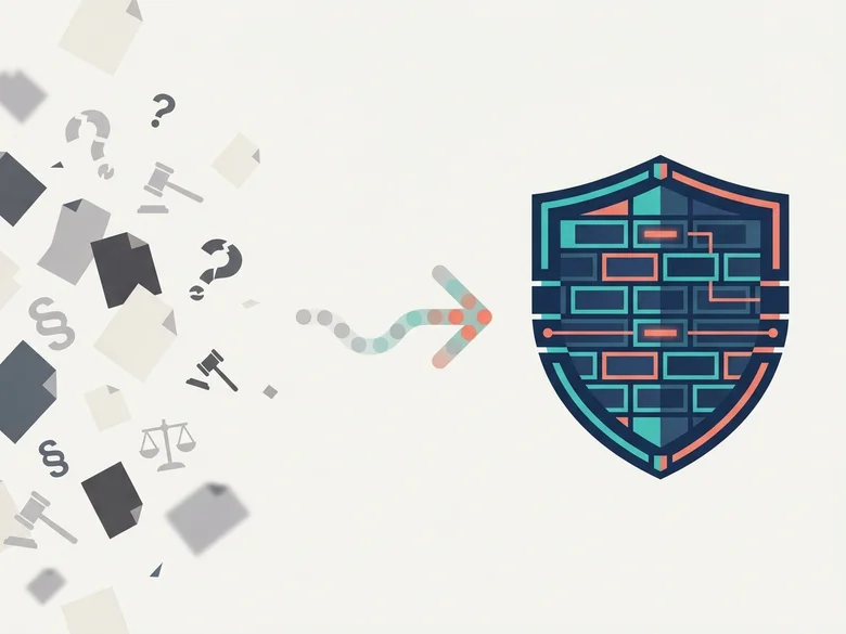 Abstract illustration showing scattered legal documents transforming into an organized compliance shield