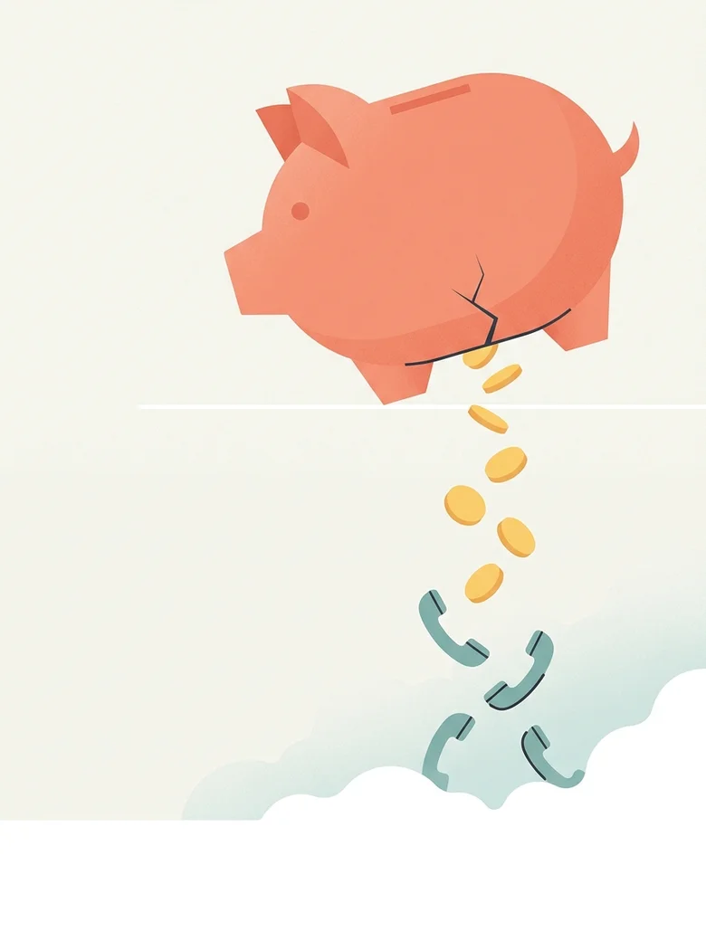 Flat illustration of a piggy bank leaking coins that transform into phone receivers, symbolizing revenue lost to missed calls