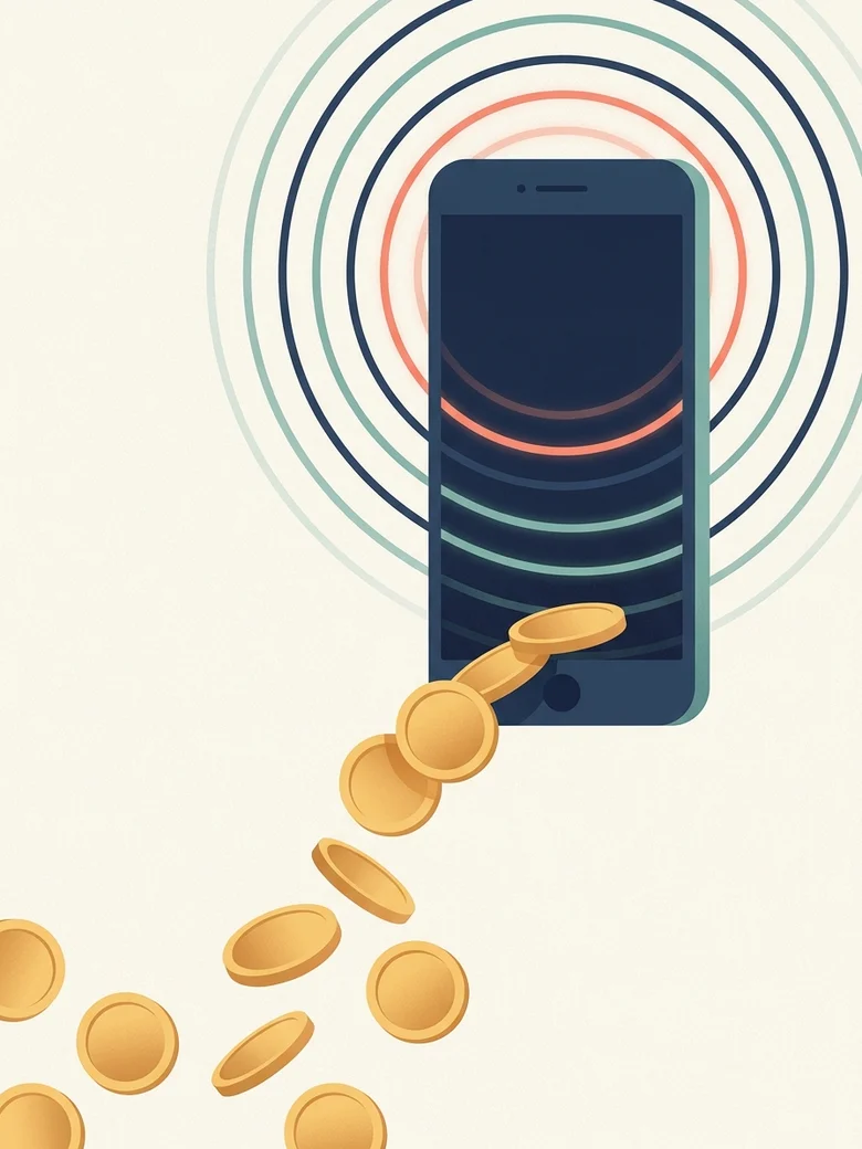 Flat illustration of a smartphone whose ring waves dissolve into falling gold coins, representing revenue lost from missed calls.