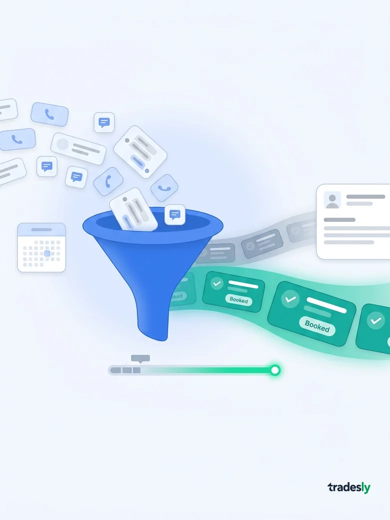A funnel illustration showing law firm inquiry volume splitting into two output streams — a narrow faded stream representing current low conversion and a wide teal stream of confirmed bookings representing the potential opportunity gap.