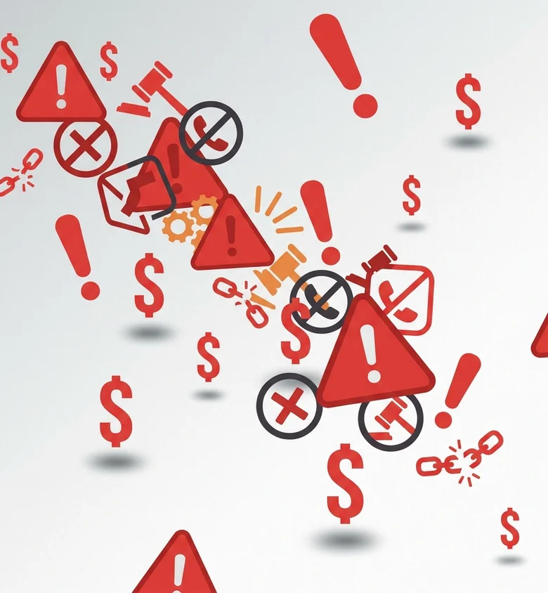Abstract illustration of scattered warning symbols and penalty markers representing TCPA violation risks and financial consequences
