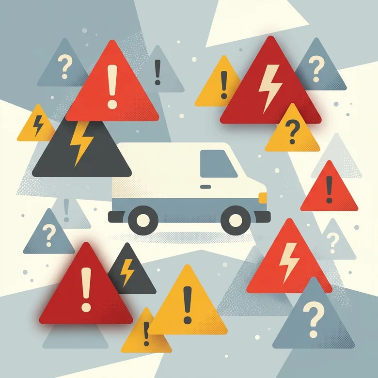 Flat illustration of a service van surrounded by floating warning triangles representing compliance risks