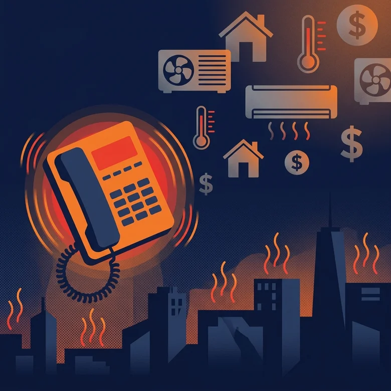 Abstract illustration of missed HVAC emergency calls represented as lost opportunities floating away from an unanswered phone