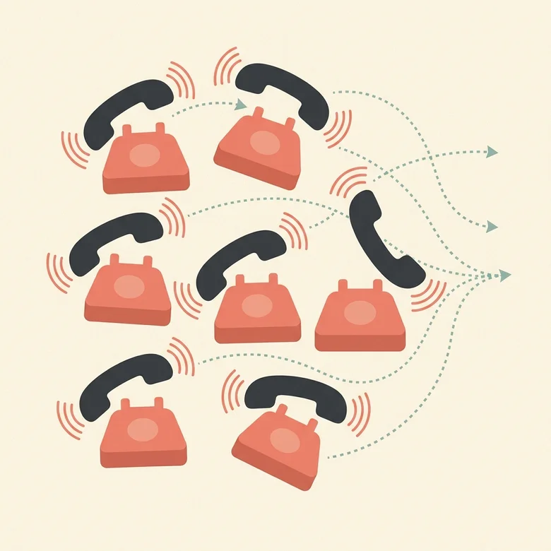 Flat illustration of a chaotic grid of unanswered ringing phones with callers leaving toward the right edge of the frame