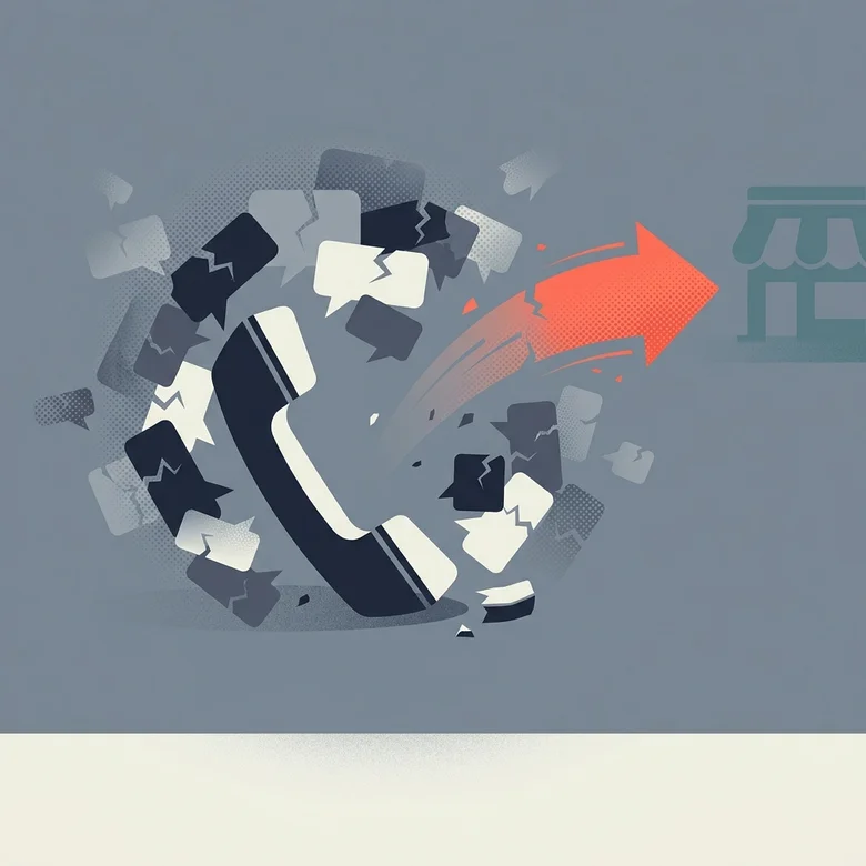 Flat illustration of a tipped-over phone surrounded by faded speech bubbles, one caller bubble escaping toward a competitor.