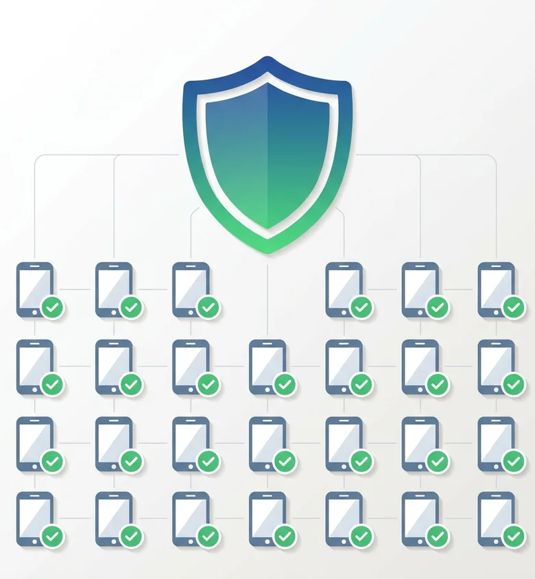 Clean grid layout of organized phone icons with checkmarks, centered around a protective shield symbol representing successful TCPA compliance