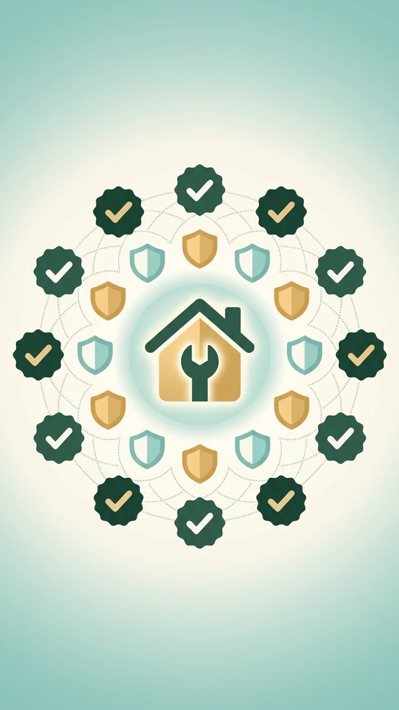 Flat illustration showing a home services business icon surrounded by a protective network of compliance checkmarks and shields