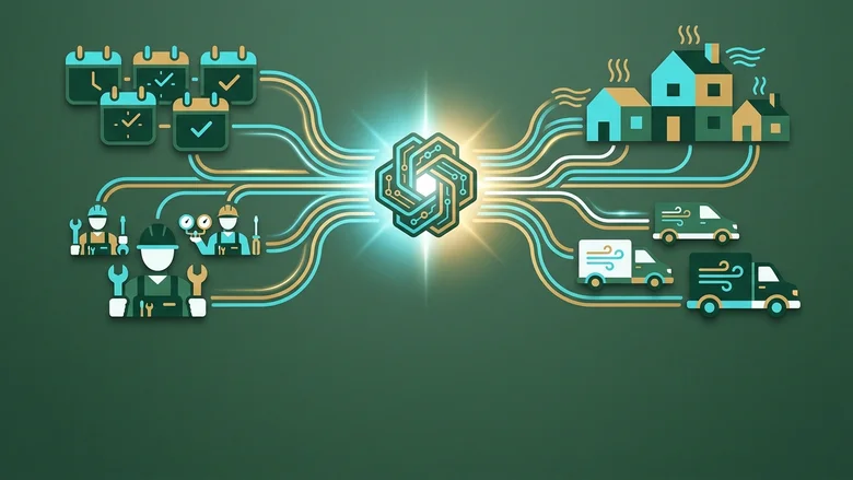 Clean illustration of organized HVAC service workflow with AI at the center coordinating appointments, technicians, and customer communications
