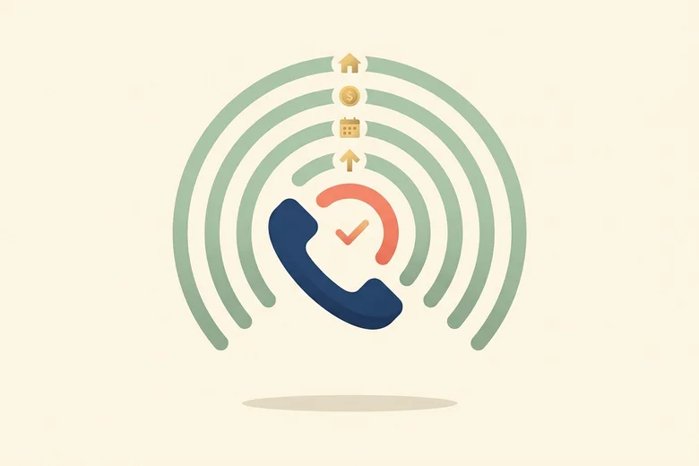 Flat illustration of a single answered phone receiver with concentric arcs of value icons radiating outward, symbolizing captured revenue