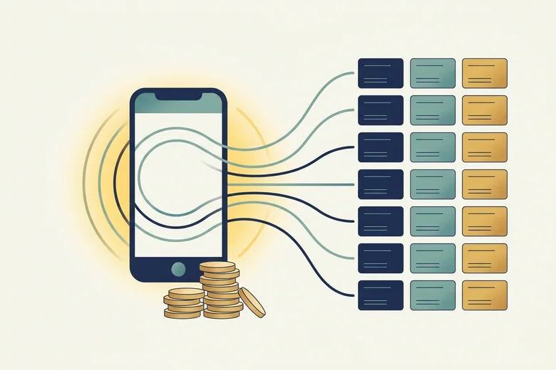 Flat illustration of a phone whose ring waves flow into organized appointment cards and a neat stack of gold coins, representing captured revenue.