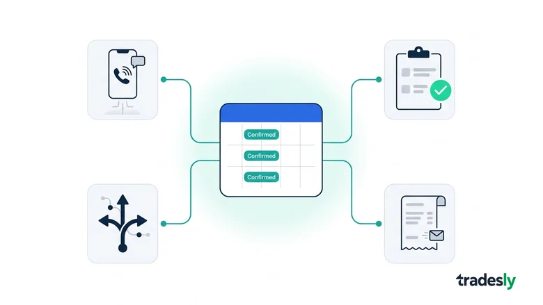 A connected system illustration with a blue calendar grid at center showing confirmed appointment slots, linked by teal connector lines to an incoming call card, a qualification checklist, a routing path, and a booking confirmation — showing the full legal intake process resolved.